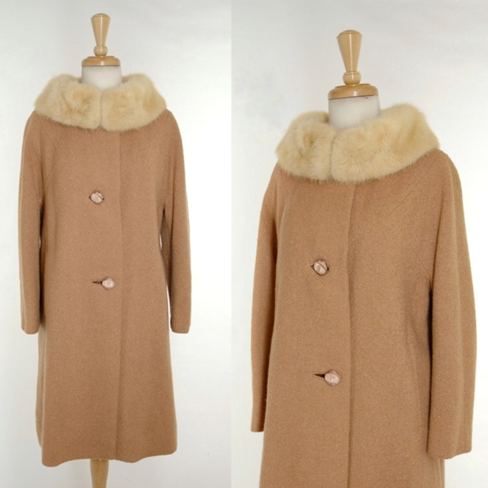 Vintage 50s 60s Camel Wool Fox Fur Swing Coat Med